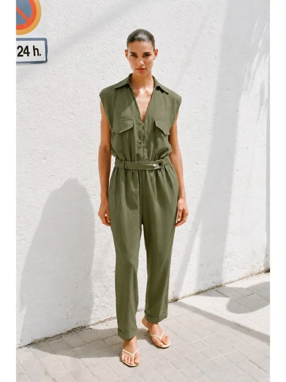 Zara Womens Jumpsuit Medium Olive Green Sleeveless Linen Blend 8166/709 NWoT